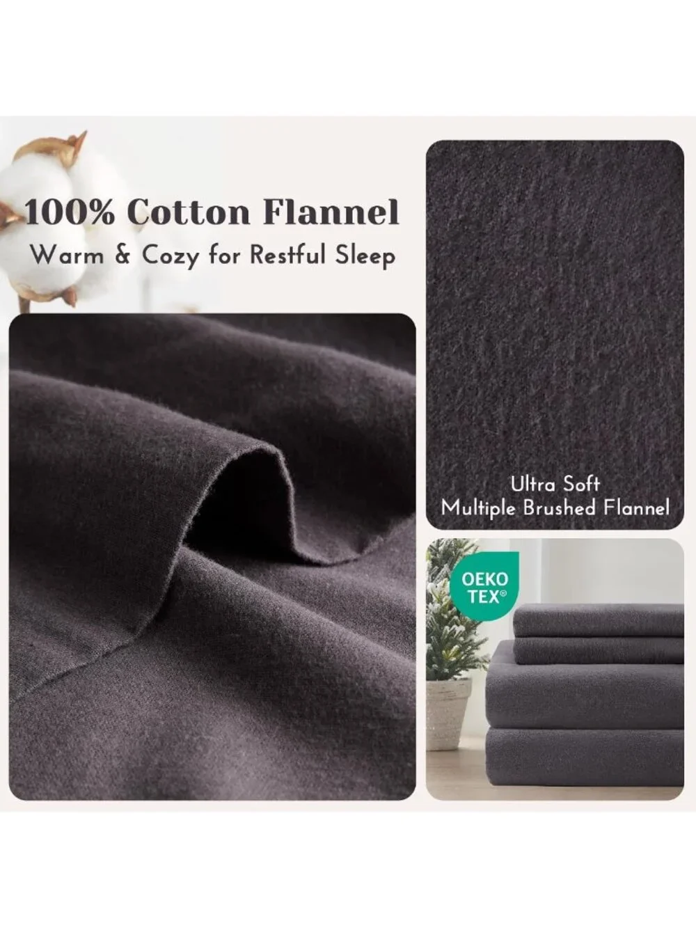 Ultra Soft Cotton Flannel Queen Sheet Set, 4-Piece Dark Grey Bedding, 14